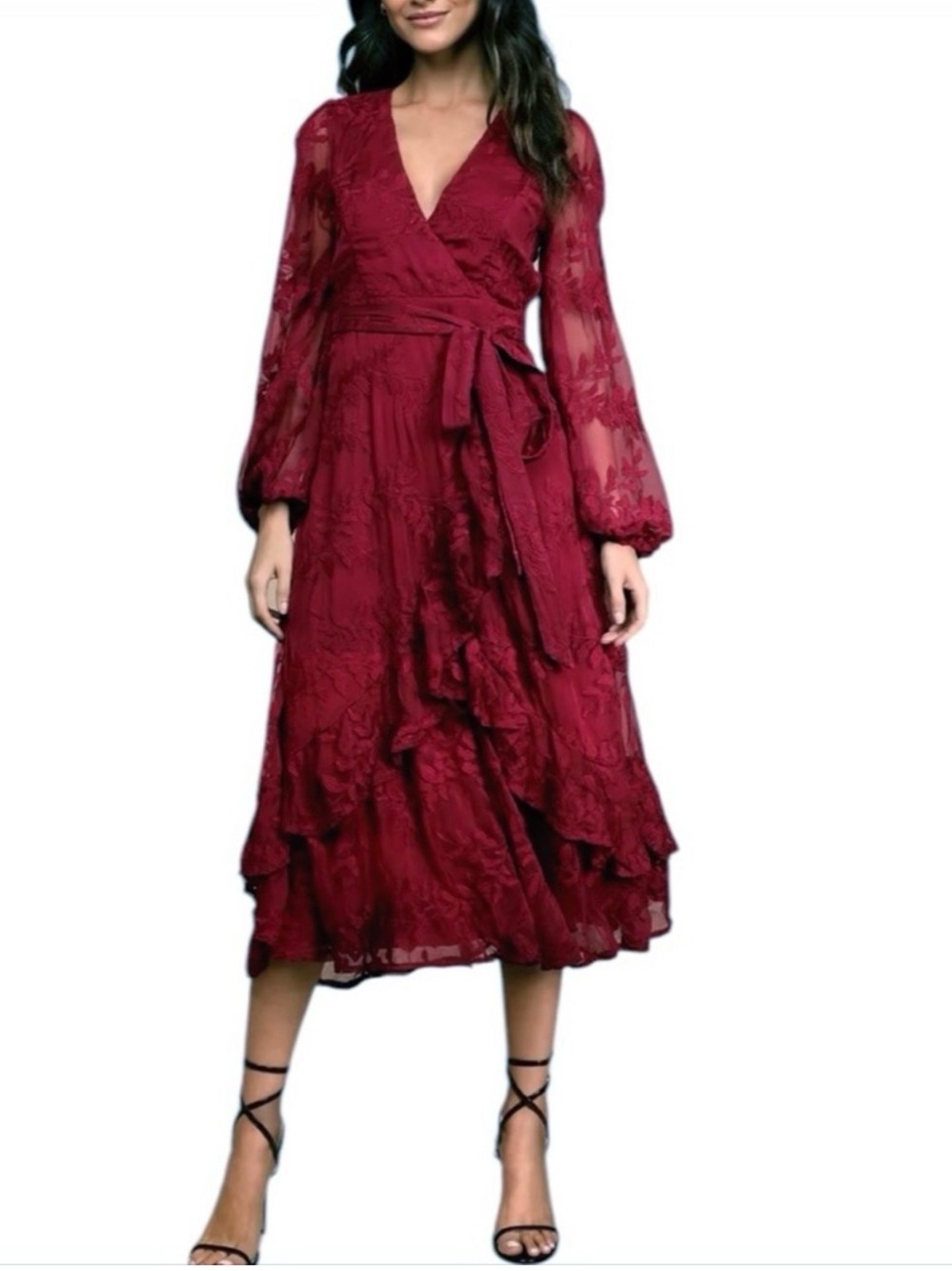 Lulu's Wine Red Lace Wrap Midi Dress